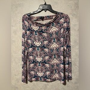 Talbots Top Petites Small Womens Teal Purple Print Cowl Neck Long Sleeve Shirt